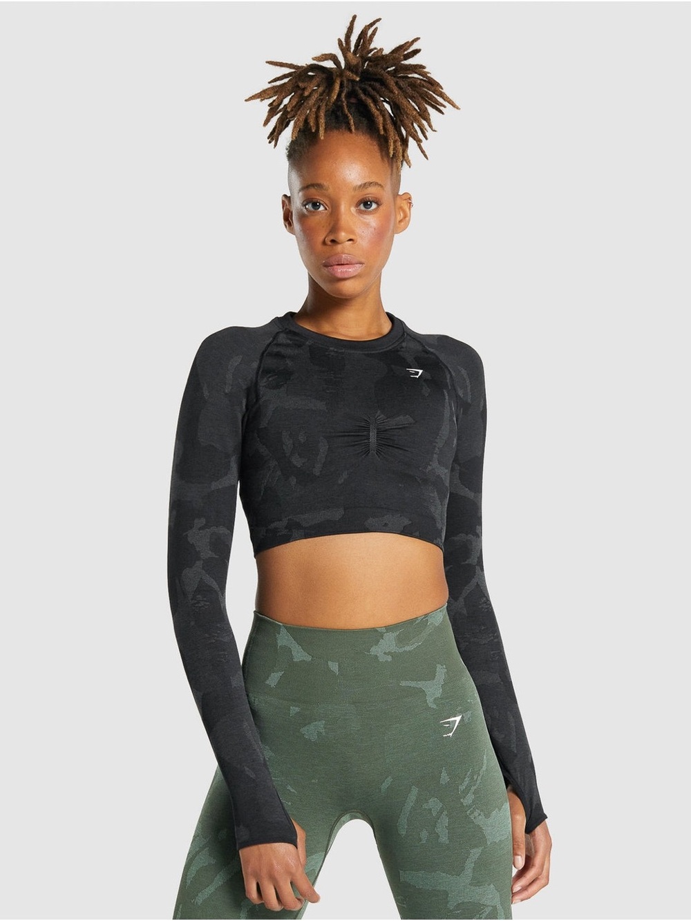 NWOT Gymshark Adapt Camo Seamless Ruched Long Sleeve Crop Top Performance Yoga